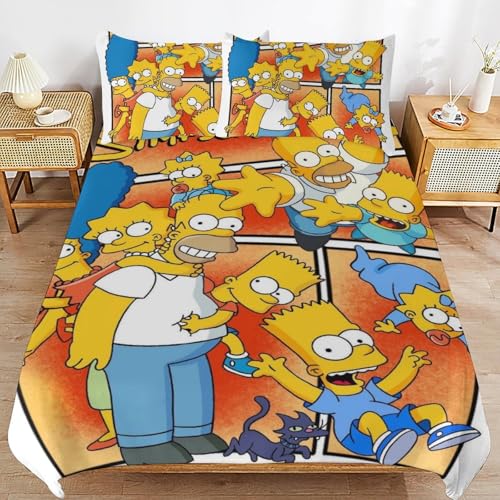 YINGD The Simpsons Bettwäsche-Set, Mikrofaser, 3D-Druck, leicht, 3-teiliges Bettdecken-Set für Kinder, Jungen, Mädchen
