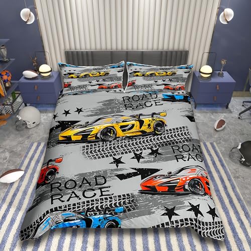 Homemissing Rennwagen Cars Bettwäsche Set 135x200cm Sportwagen Teenager 3D-Effekt Bettbezug Extreme Sport Thema Betten Gelb Auto für Kinder Junge Bettwäsche-Set