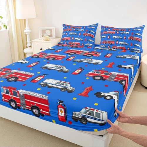 Cartoon Auto Einbaublech L Größe,Feuerwehr Ambulanz Bettwäsche Set Kinder Teens Frau Zimmer Dekor,Polizeifahrzeuge Bettblatt, 1 Kissenbezug