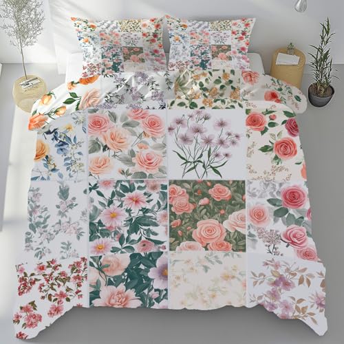 Sobhdga Blumen Druck Bettwäsche 135x200 3teilig, Retro Landhausstil Bettwäsche-Sets Mikrofaser, Floral Patchwork Bettbezug Weich, mit Reißverschluss Und 2 Kissenbezug 80x80 cm