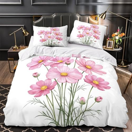 VOXYTMLWG Pink Flowers Weich 3D Gedruckt Aquarell Blütenmuster Bettbezug Bettwäsche 3 Teilig mit Reißverschluss Hautfreundlich for Erwachsene,Frauen,Mädche n,Kinder Single?135x200cm?
