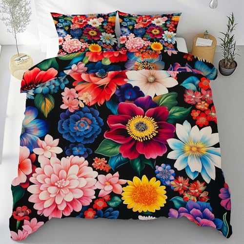 Gklnmcx Pfingstrose Chrysantheme Bettbezug Mikrofaser 90x190, Retro Blumen Pflanzen Bettwäsche mit Reißverschluss, Orientalisch Chinesische Floral Wendebettwäsche Weich 3teilig Mit Kissenbezug 80x80cm