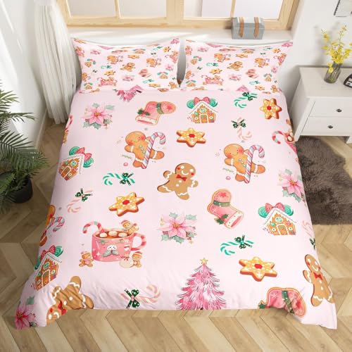 Homewish Rosa Ingeberbrot Weihnachten Bettwäsche 135x200cm Weihnachten Ingeberbrot Haus Bettbezug,Glückliches Feiertagsfest Bettwäscheset Süßigkeiten Rohr WeihnachtsDekor Bett Set dekor 1 Kissenbezug