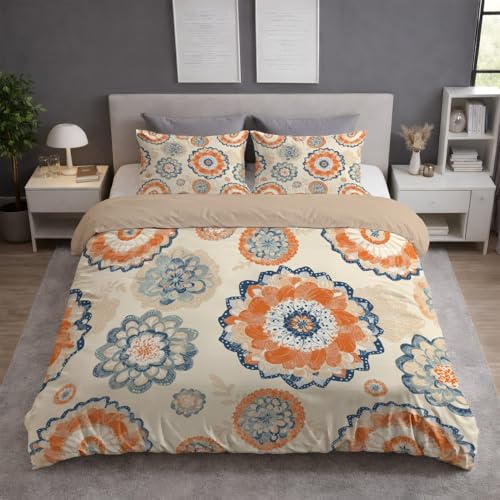 Generisch Bettwäsche 140x200 2teilig - Mikrofaser Bettbezug 140x200 cm mit 1 Kissenbezug 80x80 cm, Wendebettwäsche, ultraweich und hautfreundlich, Beige, Elegant Mandala Blumen