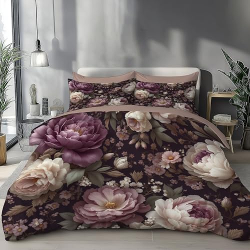 KETAFOUND Bettwäsche 155 X 220 cm 3 Teilig Bettdeckenbezug - Bettwäsche Set Landhaus-Pfingstrosen-Dru ck Mit 2 Kissenbezügen 80X80 cm, Mikrofaser Bettbezug 3 Er Set Mit Reißverschluss, Bügelfrei Weich