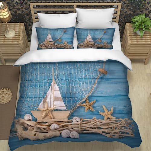XPINGO Erwachsene Bettwäsche Seestern 220x240 cm 3teilig 100% Mikrofaser Sommer Weiche Winter Warm Bettbezüge mit Reißverschluss 3D Maritim Segeln Bettbezug mit 2 Kissenbezüge 80x80 cm