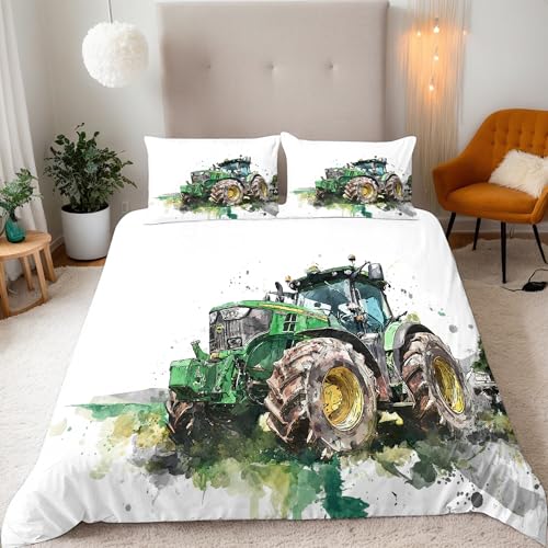 DILANI Bettwäsche 135x200 Kinder Traktor Im Weizenfeld 3D Bettwäsche-Set 3 Teilig Zeichentrickautos Weiche Microfaser Bettbezug mit Reißverschluss und Kissenbezug 80x80cm für Mädchen Jungen Kinder