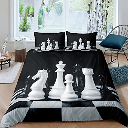 Homewish Jungen Spiel Bettwäsche Set Teenager Schach Bettdecke für Kinder Jungen Mädchen Teenager Brettspiel Bettbezug Set 135X200 International Chess Checkered Retro Style Tagesdecke, Weiß Schwarz
