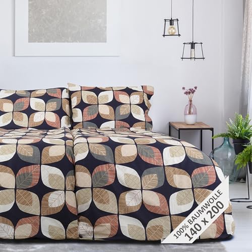 Andrea Simone Herbst Bettwäsche 140x200-100% Baumwolle RENFORCE Gold Exklusiv - Herbstblatt - Braun, Beige| Kissenbezug 70x90, Bettbezug, Bettwäsche-Set, Herbst, Allergiker Set, Österreich