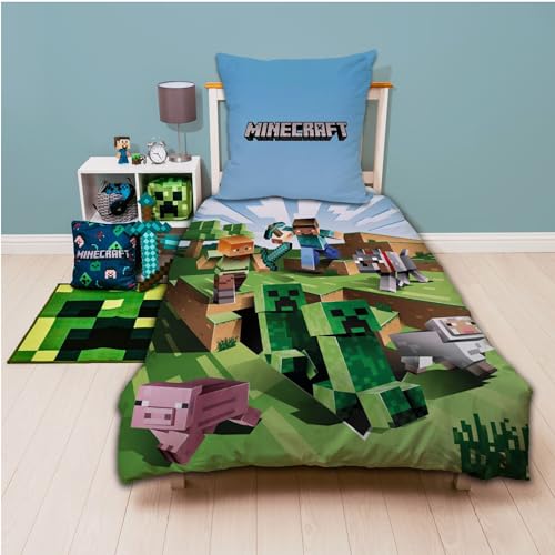 Character World Wende Bettwäsche-Set Minecraft, 135x200cm + 80x80cm, 100% Baumwolle, grün Motiv Craft Blöcke TNT und Spitzhacke Battle, Mehrfarbig