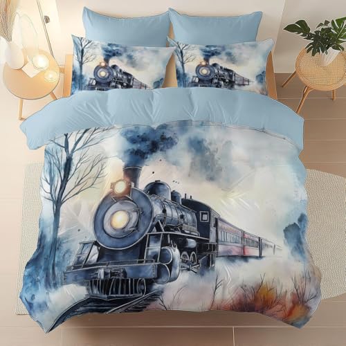 Bettbezug Reversibel Vintage Eisenbahn Dampfzug Drucken mit Reißverschluss und 2 Kissenbezug 80 x 80 cm, Weich Microfaser Bettwäsche-Sets für Schlafzimmerdekoration 155 x 220 cm, Hellblau