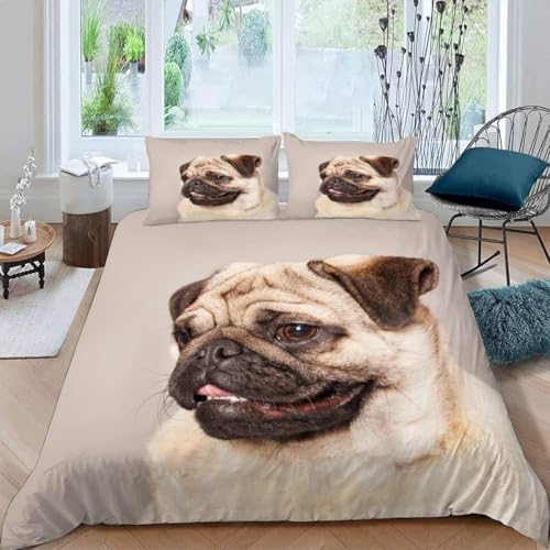 Bettwäsche 135x200 Tier Mops Bettbezug 135 x 200 Nette Mops Hund Bettwäsche-Sets mit Reißverschluss 3D Weiche Mikrofaser Kinderbettwäsche mit 2 Kissenbezüge 80x80 cm B-1823