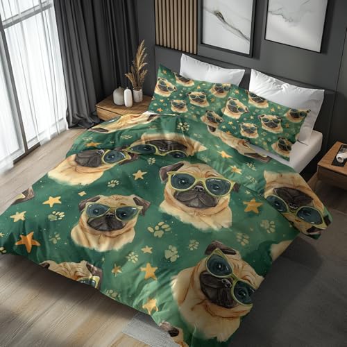 Generisch Bettwäsche 200x220 Cartoon Mops Design, 3teilig - Kinder Süße Welpe Hund Bettbezug und 2 Kissenbezug 80x80, Wendebettwäsche, Schlafzimmer Deko, Mikrofaser, mit Reißverschluss (Z-60D)