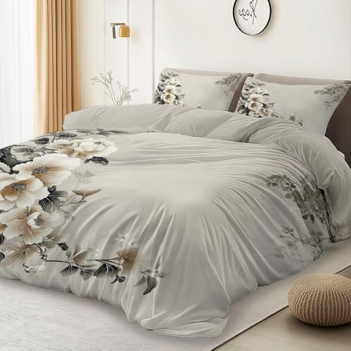 Bettwäsche 180 x 200 cm - Mikrofaser Wendebettwäsche-Sets Schiefergrau Bettbezug 3er Set mit 2 Kissenbezüge 80x80 cm, Bedding Orientalisch Tuschemalerei Blumen Muster mit Reißverschluss