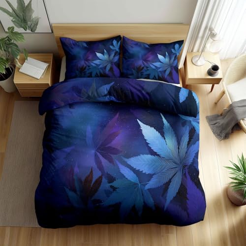 Generisch Bettwäsche Set 180x200cm Blau-Violette Blätter Bettbezug 3Teilig mit Reißverschluss, Weich Hypoallergen Bettbezüge Set mit 2 Kissenbezüge 80x80cm, für Erwachsene Kinder
