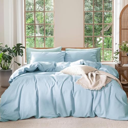 Boqingzhu Bettwäsche 155×220 cm Ägyptische Baumwolle Blau Hellblau Uni Weich Bügelfrei Bettwäsche Set Doppelbett Perkal Baumwoll Bettbezug 155 x 220 und Kissenbezüge mit Reißverschluss