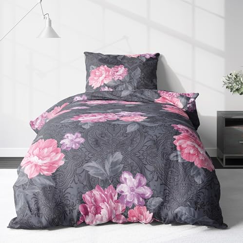 LINKHOFF Biber Bettwäsche Set 2tlg 135x200 cm + 80x80 cm – Rosen Fein-Biber Bettwäsche Grau – Flauschige Winterbettwäsche mit Blumen - Atmungsaktiv, Reißverschluss - 100% Baumwolle
