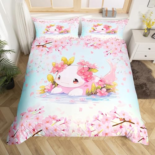 Rosa Axolotl Bettbezug Set S Größe,Kirschblüte Bettwäsche Set Kinder Mädchen Erwachsenenzimmer Dekor,Nette Tier Pflanzen Tröster Abdeckung Ramantic Aquarell Rosa Blau Quilt Cover,1 Kissenbezug