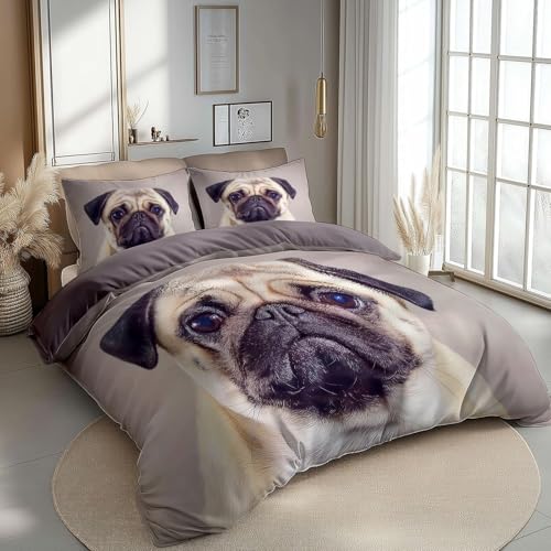CCZM Mops Bettwäsche 155x220 Tier - Bettbezug 155x220 Hund mit 2 Kissenbezüge 80x80 cm, Bauernhaus Wendebettwäsche, Microfaser Bettwäsche mit Reißverschluss, F-318