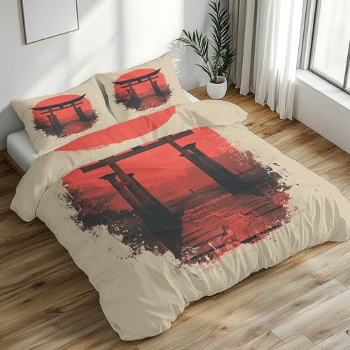 Generisch Bettwäsche 220x240cm Japanisches Torii 3-Teilig, Bettbezug Asiatisch Orientalisch Soft Angenehm Bettwäsche-Sets Mikrofaser, mit Reißverschluss + 2 Kissenbezüge L-57