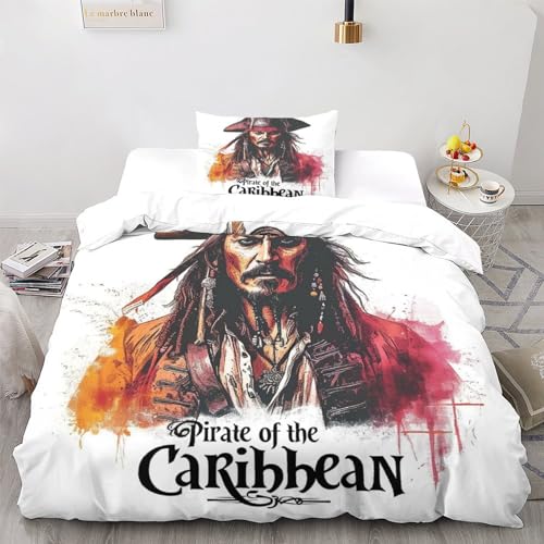 Pirates of The Caribbean 3D Print Bettbezug-Set - 3teilig - Mikrofaser - Reißverschluss Movies Bettwäsche-Set - Für Erwachsene, Teenager Und Kinder - Inklusive Kissenbezügen Single?135x200cm?