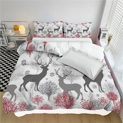 DACRWEKZ Bettwäsche 135×200 cm 2teilig Winterthema gräulich-rot Bettwäsche 100% Microfaser Schneeflocken-Hirsch-Umri ss Bettbezug mit Reißverschluss und Kissenbezug 80x80cm