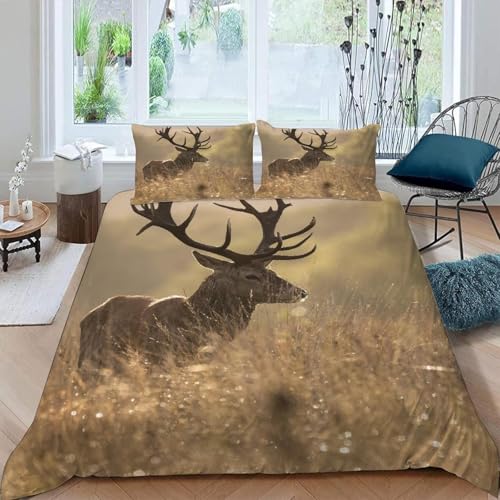 Elch Bettwäsche 135x200 3D Drucken Graslandtiere Bettwäsche-Sets Weiche Kuschelig Mikrofaser Bettbezug mit 2 Kissenbezüge 80x80 cm mit Reißverschluss m-2870