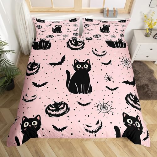 Homewish Halloween Niedliche Schwarze Katze Bettwäsche Cartoon Kürbis Laterne bettbezug Set 135x200cm für Kinder,Fledermaus Spinne Bettwäscheset Geist Gesicht bettset Schlafzimmer dekor weich