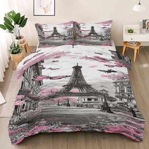 Paris Stadtbild Bettwäsche 155x220 3 Teilig - Paris Eiffelturm Bettwäsche-Sets, 1 Bettbezüge 155x220cm + 2 Kissenbezüge mit Reißverschluss, Rosa Blume Rosa Schmetterling Bettzeug Weich und Bügelfrei
