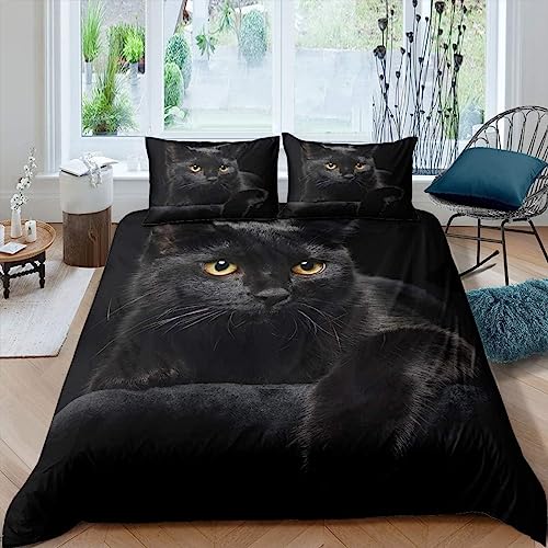 Katze Bettwäsche 140x200 Schwarz Bettwäsche Set, 3D Bettbezug Set Weich Microfaser Bettbezüge 3 Teilig Katzen Wendebettwäsche für Kinder Erwachsene mit 2 Kissenbezüge b1916