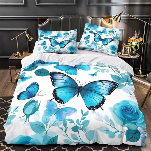 ZZVRMCYLD Blaue Schmetterlinge, 3D-Digitaldruck, Bettbezug, Mikrofaser, schmutzabweisend, Bettbezug, 2 Kissenbezüge, Reißverschluss, Bettwäsche für Erwachsene und Familien, Doppelbett (200 x 200 cm)