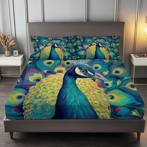 Spannbettlaken Matratzenschoner 140 x 200 cm, Druck Bettlaken Niedlich Verträumt Tier Pfau für Kinder Jungen Teenager Erwachsener - Weiches Mikrofaser Türkis Spannbetttuch Bettwäsche
