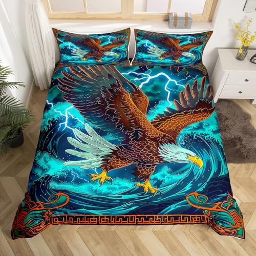 feelingyou Adler Kinder Bettdecke S Größe Ozean Meer Welle Decken Abdeckung für Schlafzimmer Japanischer Stil Blau Braun Bettwäsche Set(1 Kissenbehälter)