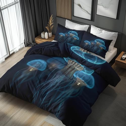 Generisch Bettwäsche 135x200 Leuchten de Qualle - Schlafzimmer Deko Bettbezug 135 x 200 2tlg Meer Unterwasser Muster, 1 Kissenbezug 80x80, mit Reißverschluss, Weich Mikrofaser LI#44