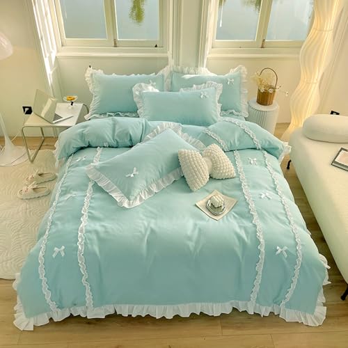 PTNQAZ Pinkes Bettbezug-Set, Spitzen-Rüschen-Bettwäs che-Set mit Fliege, Bettwäsche-Sets im koreanischen Prinzessinnen-Stil, 4-teiliges Bettbezug-Set mit Bettlaken (Blau, Spannbetttuch 150 x 200 cm,