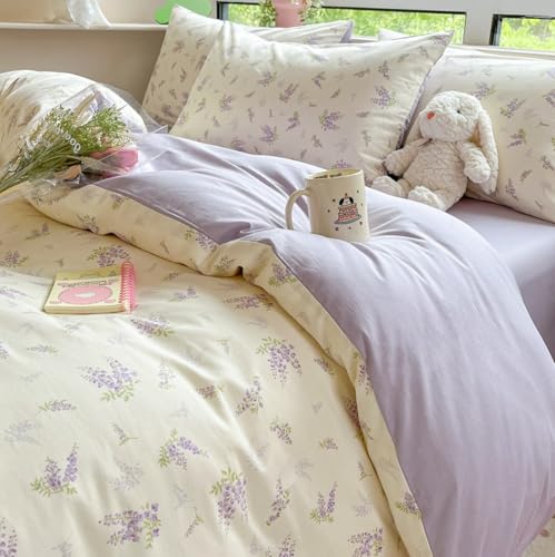 Freyamy Blumen Bettwäsche 135x200cm 2teilig Beige Violett Grün Floral Mädchen Bettwaren-Sets Microfaser Deckenbezug Bettbezug mit Reißverschluss und Kissenbezug 80x80cm