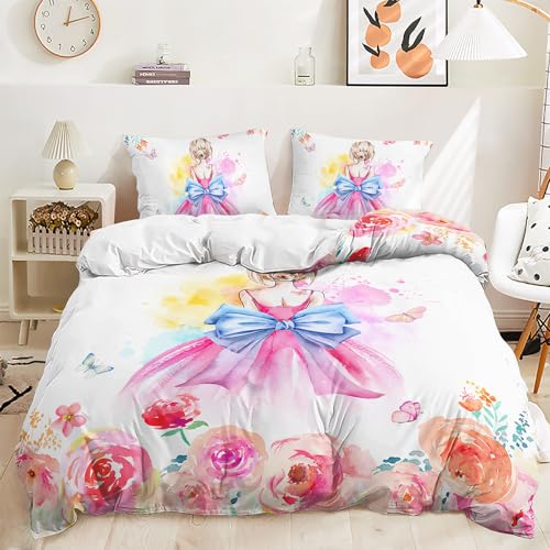 NDXRWDZR Bettwäsche 135x200 Rosa Prinzessin Bettwäsche-Set mit Reißverschluss Schließung für Kinder Weicher Atmungsaktive Mikrofaser Bettbezug + 2 Kopfkissenbezug 80x80 cm