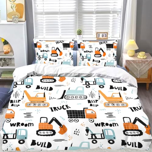 Senchinner Bagger Bettwäsche 135x200 für Jungen – Wendebettwäsche Set mit Baustellenmotiven, Einzelbettwäsche für Kinder – Kissenbezug inklusive und Kissenbezügen(80x80cm)
