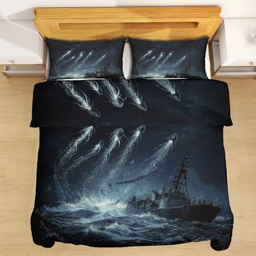 Sobhdga Blitz Segelboot Bettwäsche 135x200 3teilig, Maritime Abenteuer Bettwäsche-Sets Mikrofaser, Meereswelle Marine Bettbezug Weich, mit Reißverschluss Und 2 Kissenbezug 80x80 cm