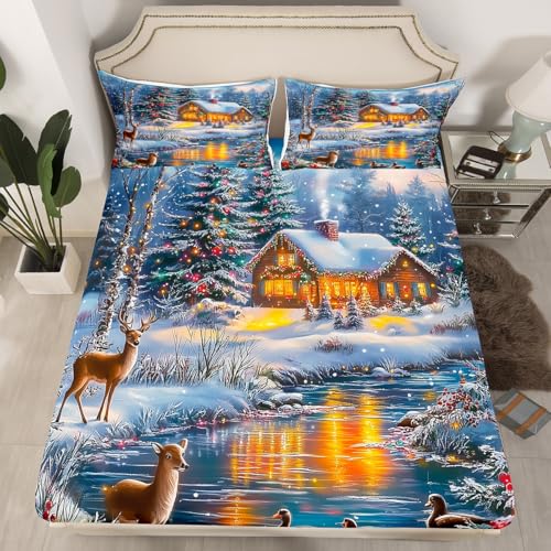 feelingyou Rustikale Bauernhütte Einbaublech S Größe Weihnachts Lodge See Naturlandschaft Bettdeckung, 1 Kissenbezug Hirsch Ente Tier Weihnachten Tanne Bettwäsche Set für Jungen