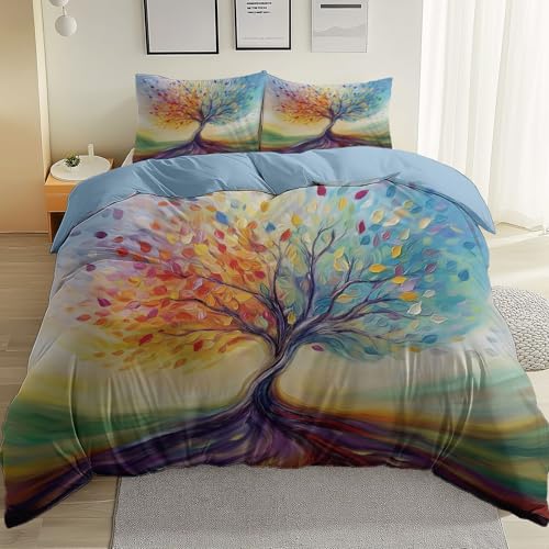 Bettwäsche-Set Fantasie Lebensbaum Ölgemälde Muster, 135 x 200 cm Mikrofaser Bettbezug mit Reißverschluss, Hellblau Weich Deckenbezug Wendbares für Jungen Mädchen Erwachsene