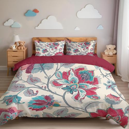JSCWDET Bettwäsche 220×240Cm,Blumenmuster Im Indischen Stil Bettwäsche-Sets Set 3 Teilig Bettbezug, Super Weich, Mit Reißverschluss Und Kissenbezug 80X80Cm?Abstrakte Blumen Blätter, Weinrot ?