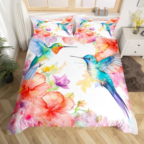 Loussiesd Kolibri Betten Set Tropische Vögel Bettwäsche Set 135x200cm Kolibri Blumen Bettbezug Set für Kinder Kinder Jungen Mädchen Mikrofaser Blühende Schwertlilien Rosa mit 1 Kissenbezug