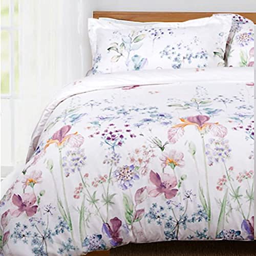 Lanqinglv Bettwäsche-Set, 200 x 200 cm, für Doppelbett, 2 Kopfkissenbezüge, 65 x 65 cm, für Erwachsene, Flieder, Weiß, Blumenmotiv, mit Reißverschluss