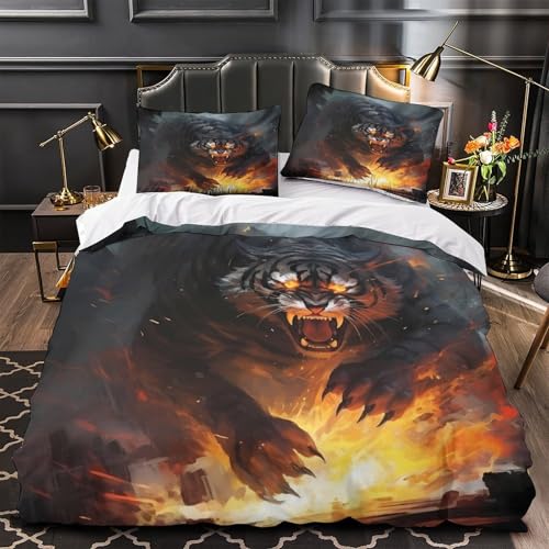 Fierce Tiger Roar 3D-Muster Trösterbezug 3-teilig Mikrofaser schmutzabweisend Fantasy Beastwork Bettbezug 2 Kissenbezüge Reißverschluss Bettwäsche Erwachsene und Familien Einzelbett (135 x 200 cm)