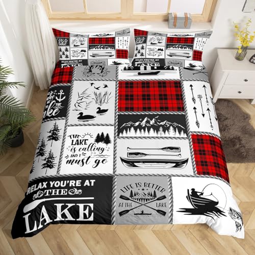 Lake Life Haus Bettbezug Set S Größe,Rustikale Abenteuer Angeln Camper Bettwäsche Set,Mädchen Jungen Erwachsene,Plaids Pfeile Kiefern Patchwork Tröster Abdeckung,Rot Retro Quilt Cover,1 Kissenbezug