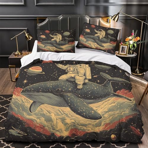 Astronaut reitet auf Wal 3D bedruckt Deckenbezug 3teilig Mikrofaser maschinenwaschbar Weltraum-Fantasy-Illustra tion Deckenbezug 2 Kissenbezüge pflegeleicht Kinder Jugendliche Single?140x200cm?