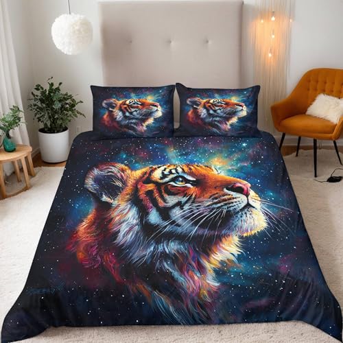Bettwäsche 155x220 cm 3D Sternenhimmel Tiger Druck Kinder Bettwäsche-Sets 3teilig Mikrofaser Bedding Bettbezug 155x220 Weich Bettbezüge + 2 Kissenbezüge 80x80 Mit Reißverschluss Eckbinder