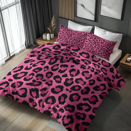 Rosa Leopard Bettwäsche 200x220 Bügelfreie - Liebey Modisch Muster, Renforce Wendebettwäsche Bettbezug 3-teilig Set Cozy Mikrofaser Mit Reißverschluss, 2 Kissenbezug 80x80, Geschenk Rosa Leopard