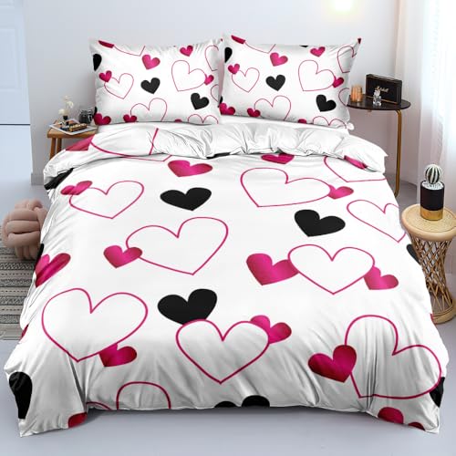 Boqingzhu Bettwäsche Herzen Aesthetic 135x200cm Rosa Schwarz Weiß Herz Bettwäsche Set Süß Romantisch Microfaser Einzelbett mit Kissenbezug 80x80cm mit Reißverschluss
